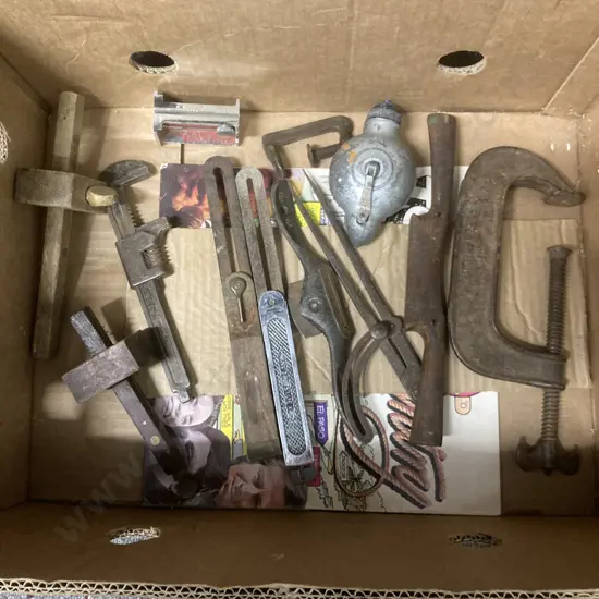Box Lot Vintage Tools, Spoke Shaves, Clamps, Wrench, Etc