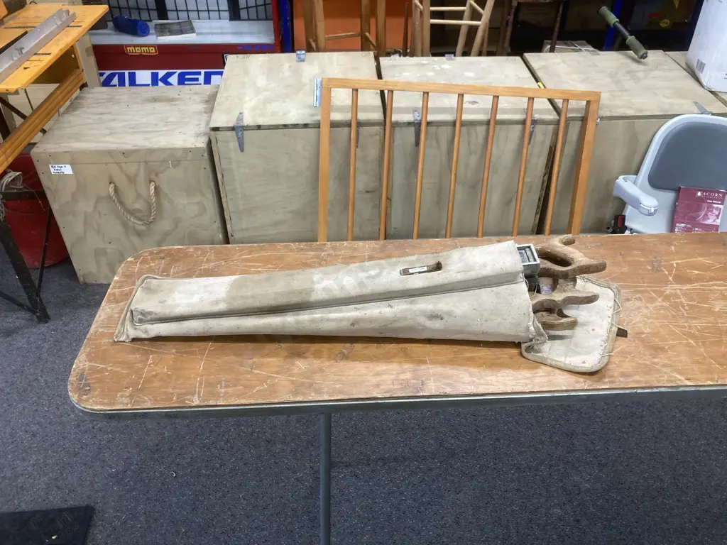 Vintage Bag, 3 Disston Saws, Tenon Saw & Level Image 1++