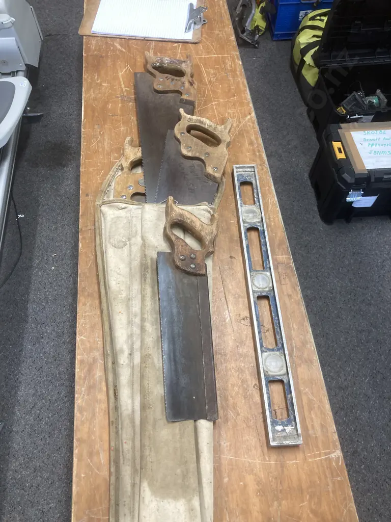 Vintage Bag, 3 Disston Saws, Tenon Saw & Level Image 1++