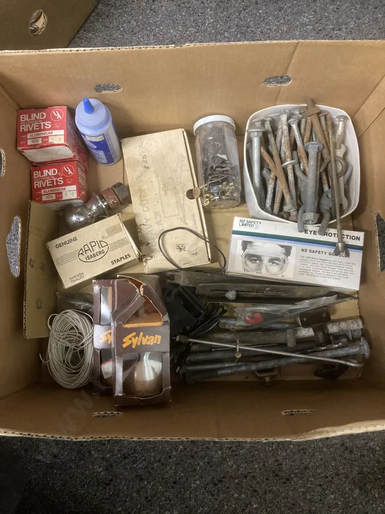 Box Lot Hardware, Bolts, Goggles, Blind Rivets, Staples, Stapler Etc Image 1++