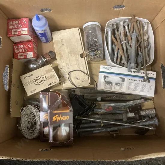 Box Lot Hardware, Bolts, Goggles, Blind Rivets, Staples, Stapler Etc