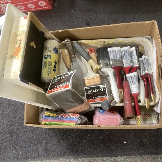 Box of Painting Trays, Brushes, Rollers Etc
