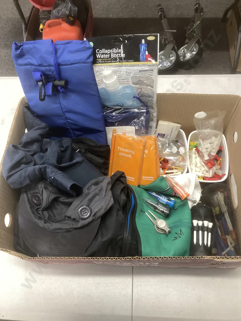Box of Golf Tees, Bottle, Caps Etc Image 1++