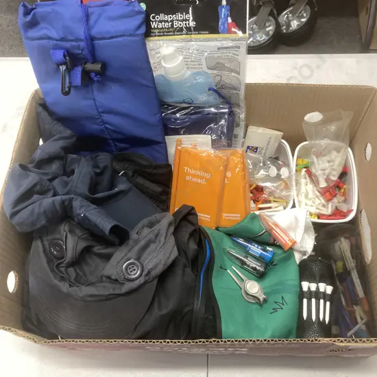 Box of Golf Tees, Bottle, Caps Etc