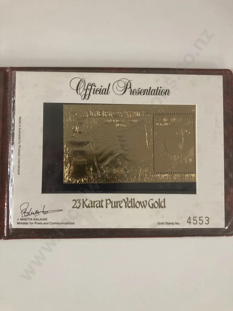 Americas Cup Winner Gold Stamp 1987 & First Day Cover In Red Leather Case Of Issue, 23 Karat Gold Image 1++