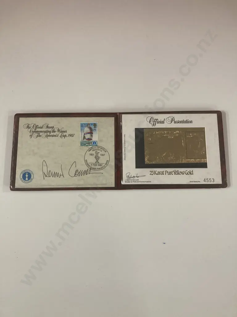 Americas Cup Winner Gold Stamp 1987 & First Day Cover In Red Leather Case Of Issue, 23 Karat Gold Image 1++