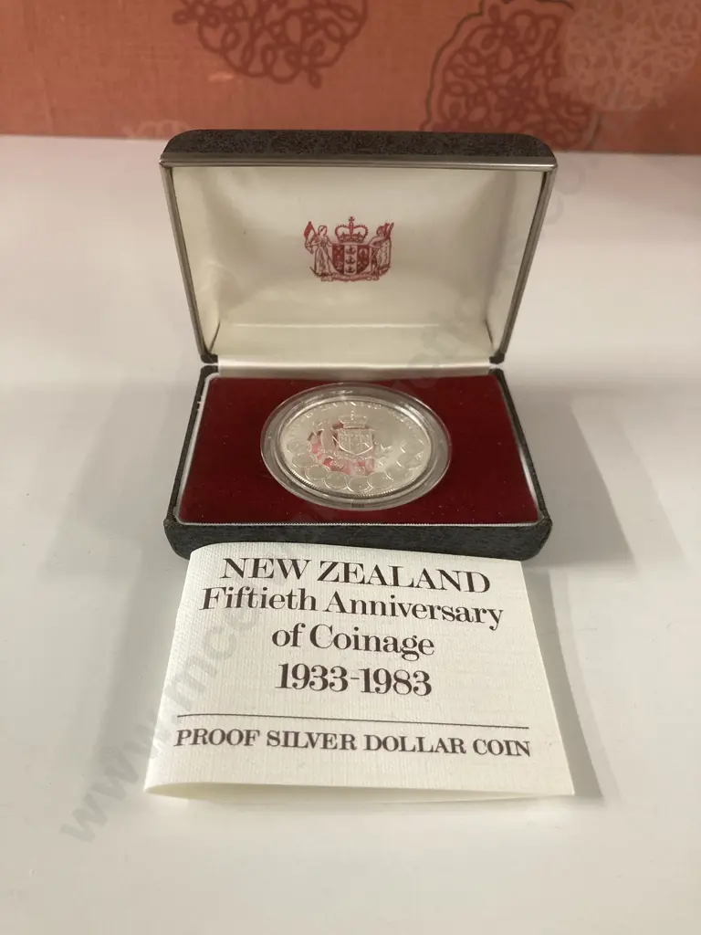 New Zealand Fiftieth Anniversary Of Coinage 1983 Proof Silver Dollar Coin In Case Of Issue With COA Image 1++
