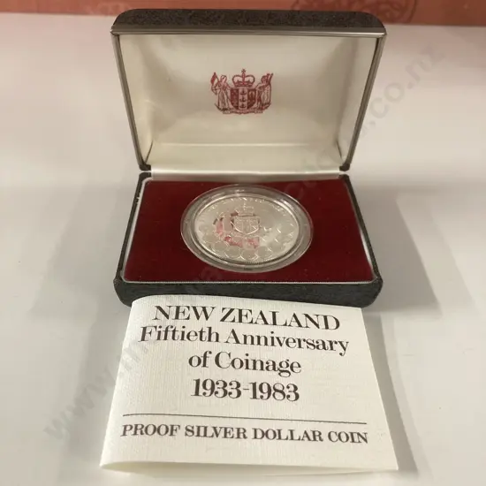 New Zealand Fiftieth Anniversary Of Coinage 1983 Proof Silver Dollar Coin In Case Of Issue With COA