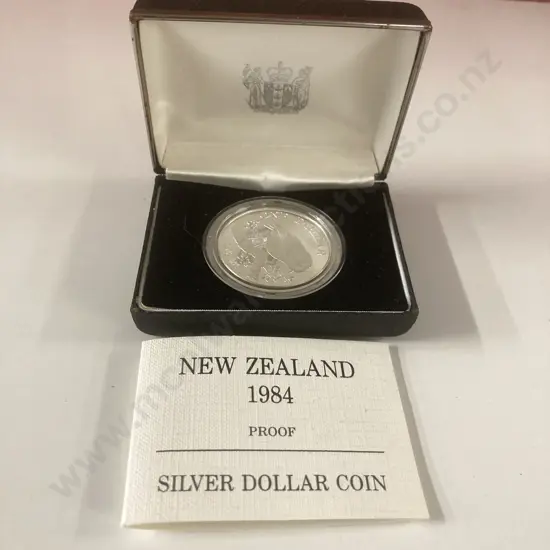 New Zealand 1984 Proof Silver Dollar Coin In Case Of Issue With COA