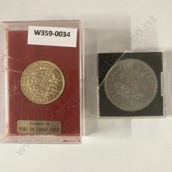 1953 New Zealand Queen Elizabeth II Coronation Commemorative Crown & 1948 24K Gold Coated Half Crown