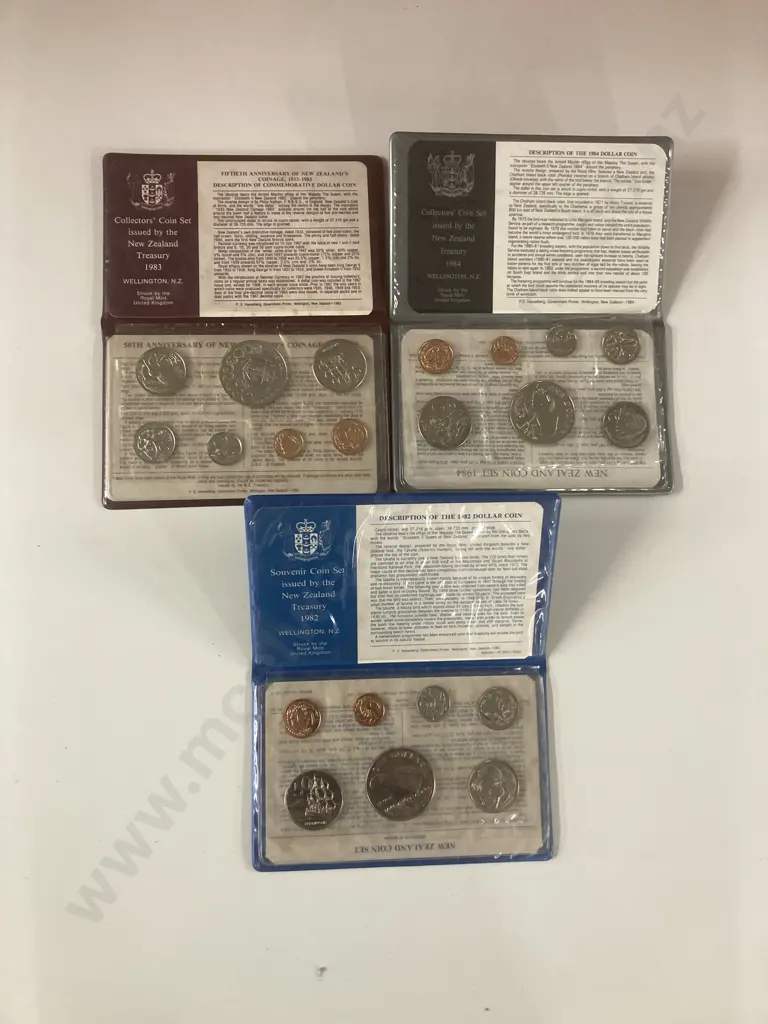 New Zealand 1982 Takahe, 1983 Coinage 50th Anniversary & 1984 Black Robin Annual Uncirculated Coin Sets Image 1++