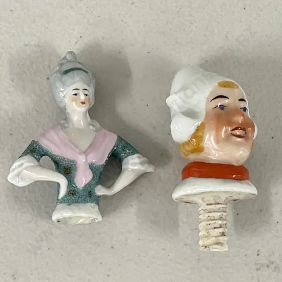 Vintage Porcelain handpainted half doll and screw Bottle Top