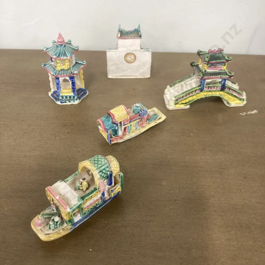 Selection of Five Vintage Chinese Mud Men Junks, Bridge & Buildings, Tallest 7cm Image 1++