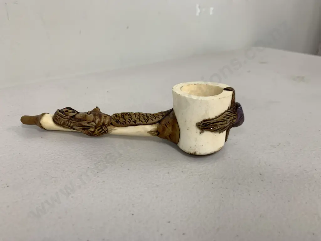 Vintage Bone Pipe With Mermaid Detail & Purple Stone Image 1++