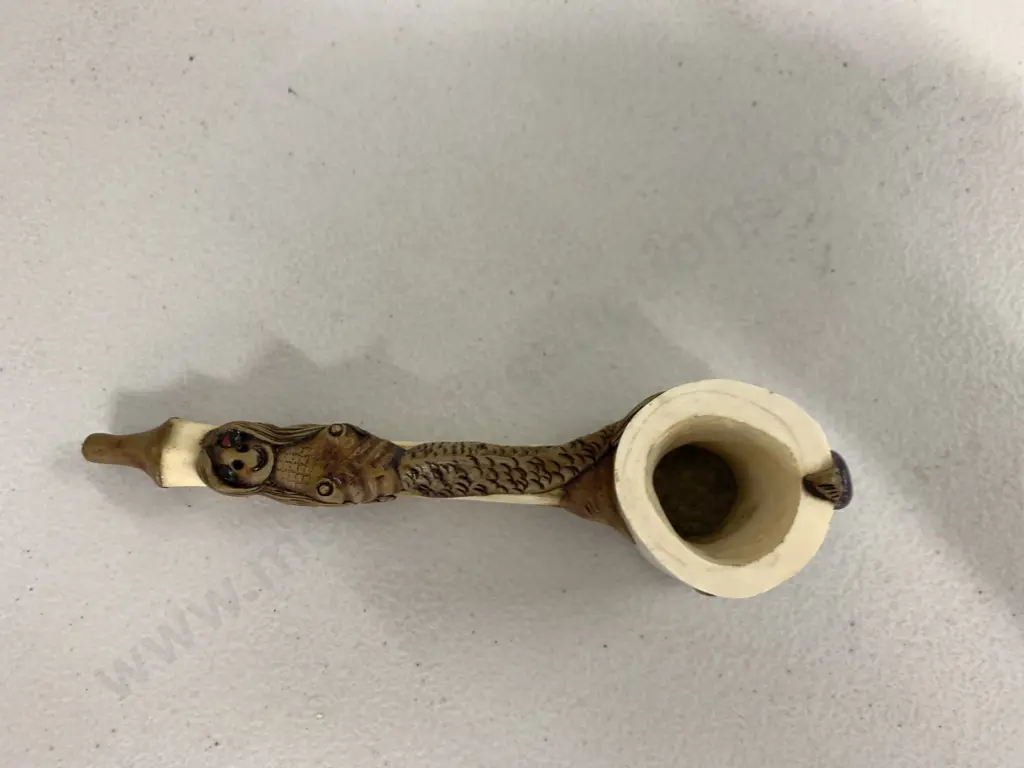 Vintage Bone Pipe With Mermaid Detail & Purple Stone Image 1++