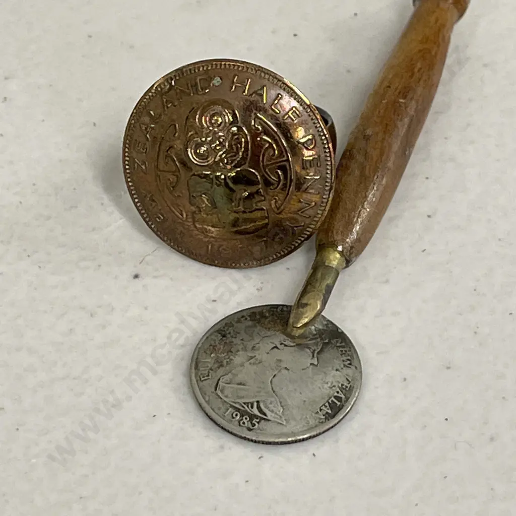 Vintage Coin and Wood Spoon with NZ Half Penny Ring Image 1++