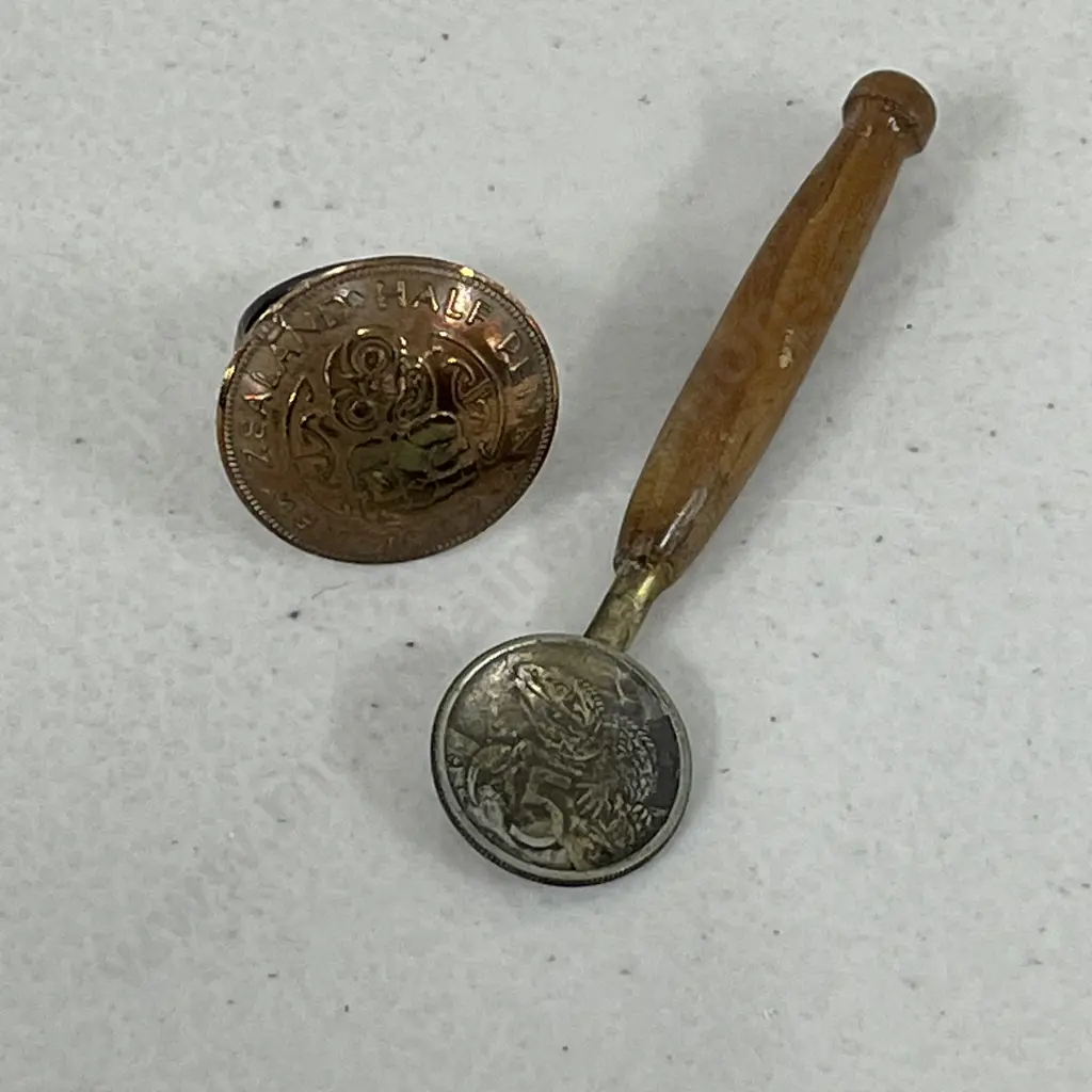 Vintage Coin and Wood Spoon with NZ Half Penny Ring Image 1++