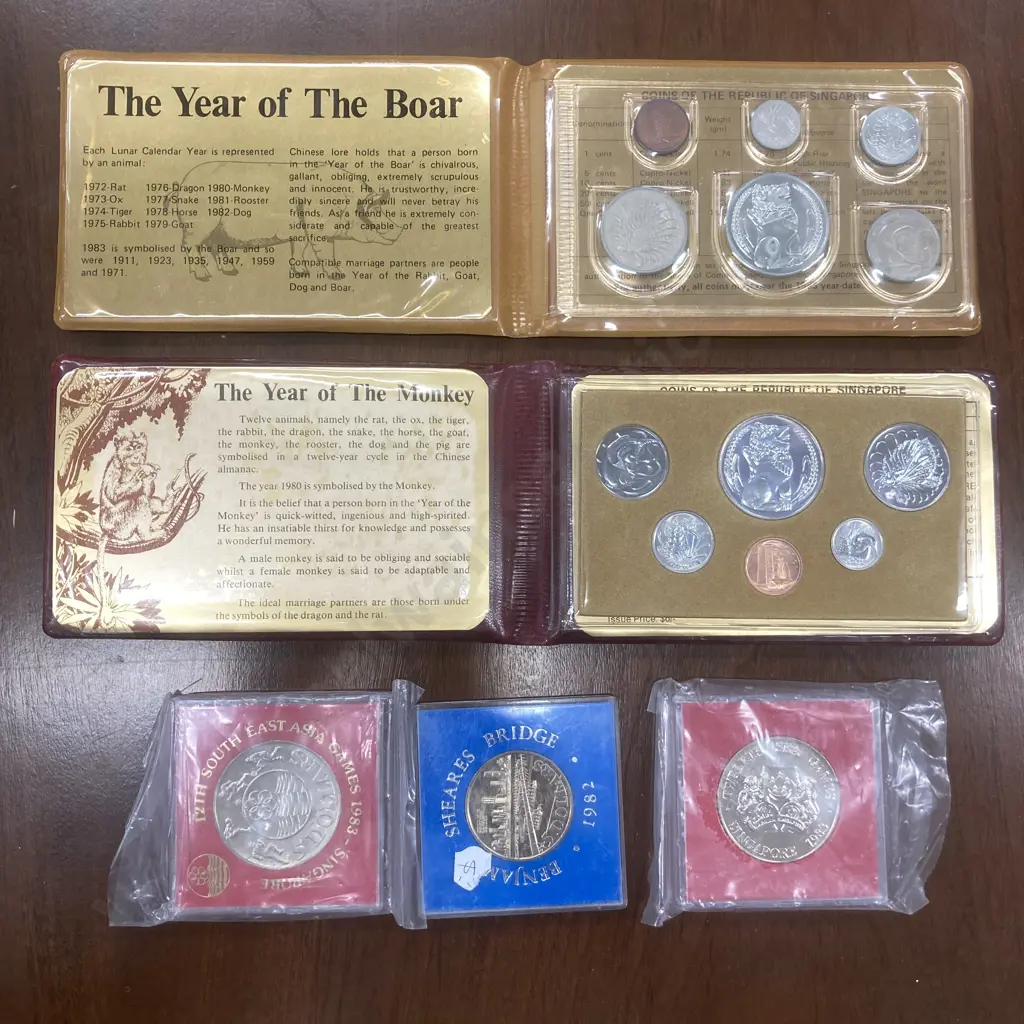 Singapore 1980 Year Of The Monkey, 1983 The Year Of The Boar Uncirculated Coin Sets & 3 Coins In Cases Image 1++