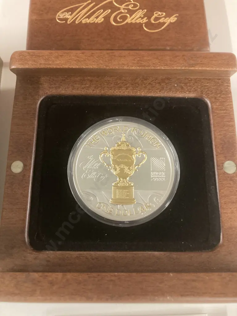Webb Ellis Cup Collection Rugby World Cup 2011 1 oz Proof Gilded Silver Coin, NZ, In Wooden Case Of Issue With COA Image 1++