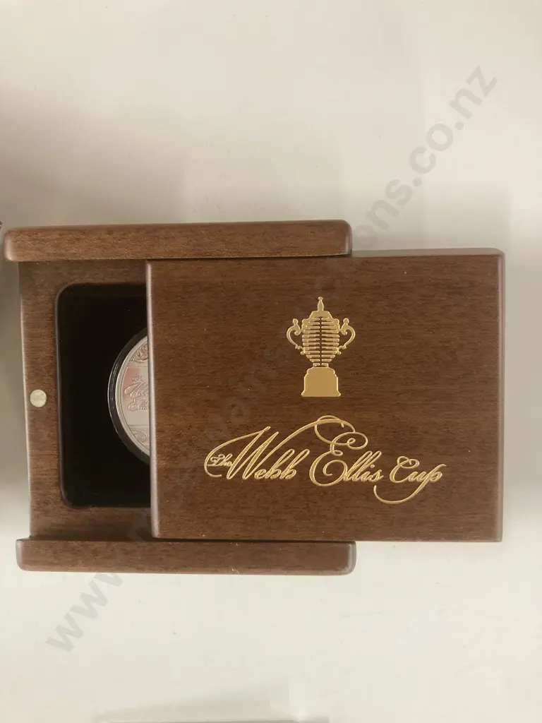 Webb Ellis Cup Collection Rugby World Cup 2011 1 oz Proof Gilded Silver Coin, NZ, In Wooden Case Of Issue With COA Image 1++