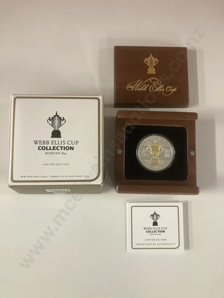 Webb Ellis Cup Collection Rugby World Cup 2011 1 oz Proof Gilded Silver Coin, NZ, In Wooden Case Of Issue With COA Image 1++