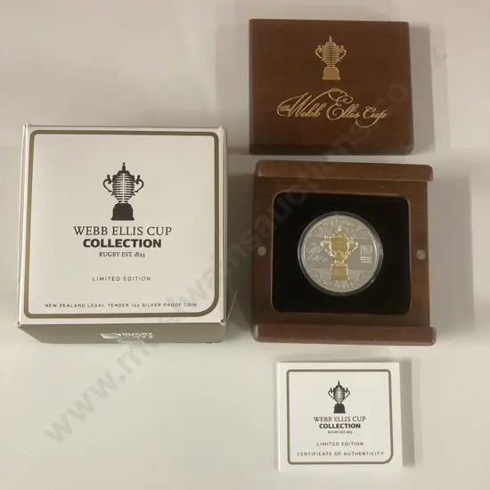 Webb Ellis Cup Collection Rugby World Cup 2011 1 oz Proof Gilded Silver Coin, NZ, In Wooden Case Of Issue With COA