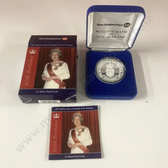 Queen Elizabeth II 80th Birthday 1 oz Silver Proof Coin, New Zealand 2012, In Case Of Issue With COA
