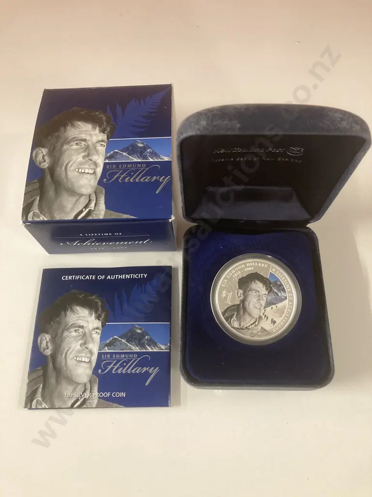 Sir Edmund Hillary 1 oz Silver Proof Coin, New Zealand 2008, In Case Of Issue With COA Image 1++