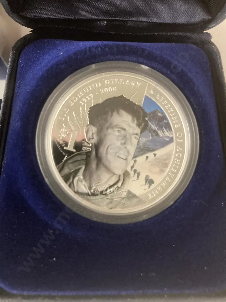 Sir Edmund Hillary 1 oz Silver Proof Coin, New Zealand 2008, In Case Of Issue With COA Image 1++