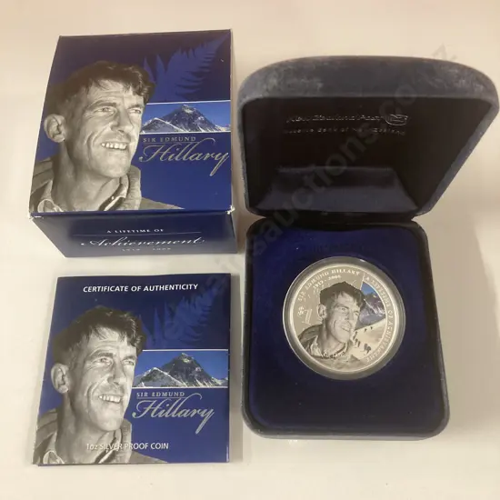 Sir Edmund Hillary 1 oz Silver Proof Coin, New Zealand 2008, In Case Of Issue With COA
