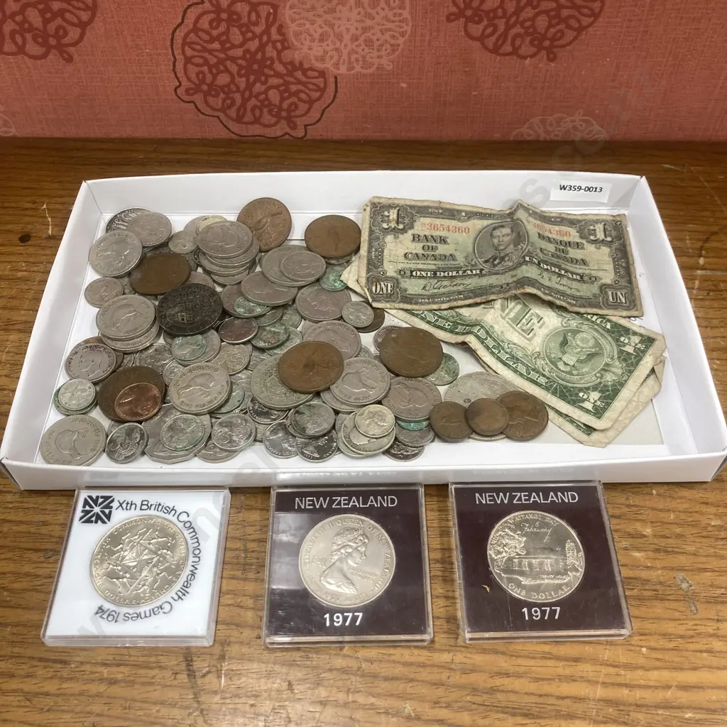 1917 Australia George V Penny, Assorted Coins, 1937 Canada $1 Note & 1/2 $2 Note, US $1 Notes Image 1++