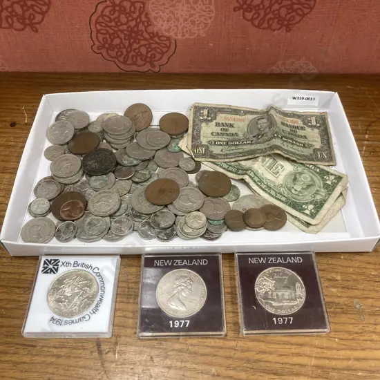 1917 Australia George V Penny, Assorted Coins, 1937 Canada $1 Note & 1/2 $2 Note, US $1 Notes