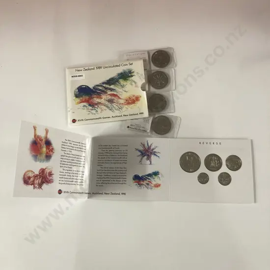 New Zealand ' XIVth Commonwealth Games 1990' 1989 Uncirculated Dollars x 4 & Uncirculated Coin Set In Cases Of Issue