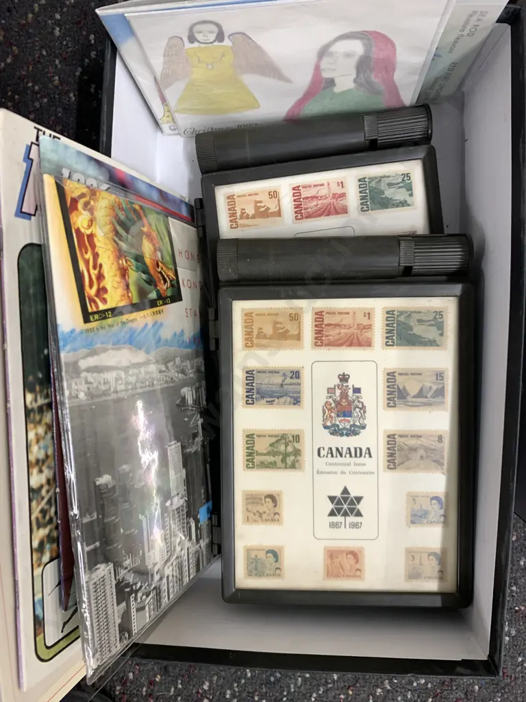 Box of Assorted Stamps Including Canada, Hong Kong Etc, Stamp Album Image 1++