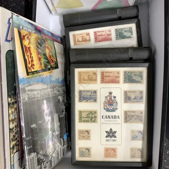 Box of Assorted Stamps Including Canada, Hong Kong Etc, Stamp Album