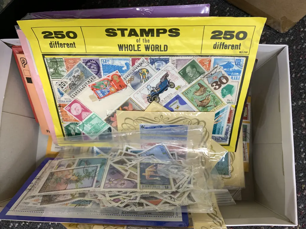 Box of Assorted Stamps Including Stamps Of The World Etc Image 1++