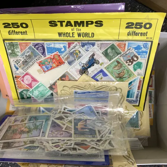Box of Assorted Stamps Including Stamps Of The World Etc