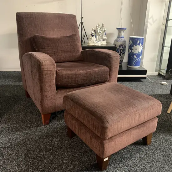 David Shaw Armchair with matching footstool. Mervin Graffito Port Ex Tex. Chair W80 H96 D83. Footstool 50 x 55 H37cm
