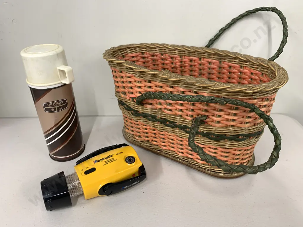 Vintage Double Handled Cane Basket, Thermos (MR) & Anengda Torch (REM) Image 1++