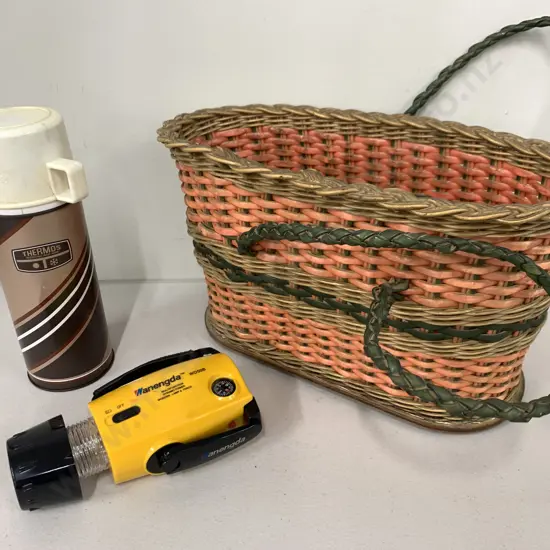 Vintage Double Handled Cane Basket, Thermos (MR) & Anengda Torch (REM)
