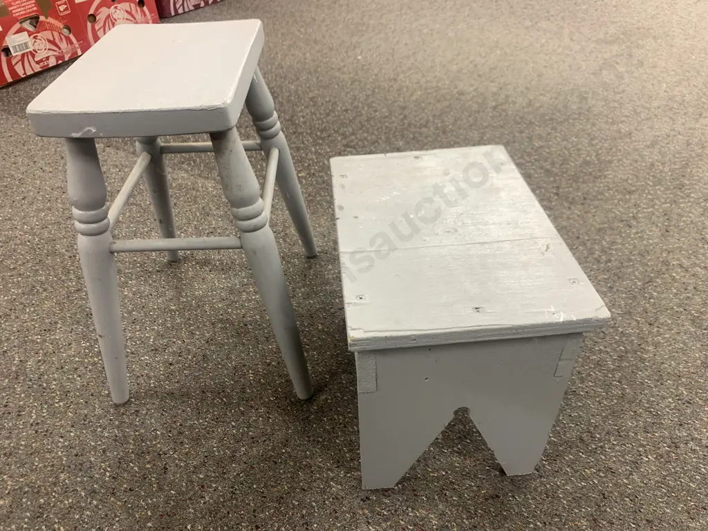 Vintage Gray Painted Stools x 2, H46 & 30cm Image 1++
