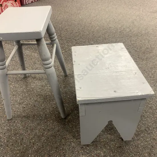 Vintage Gray Painted Stools x 2, H46 & 30cm