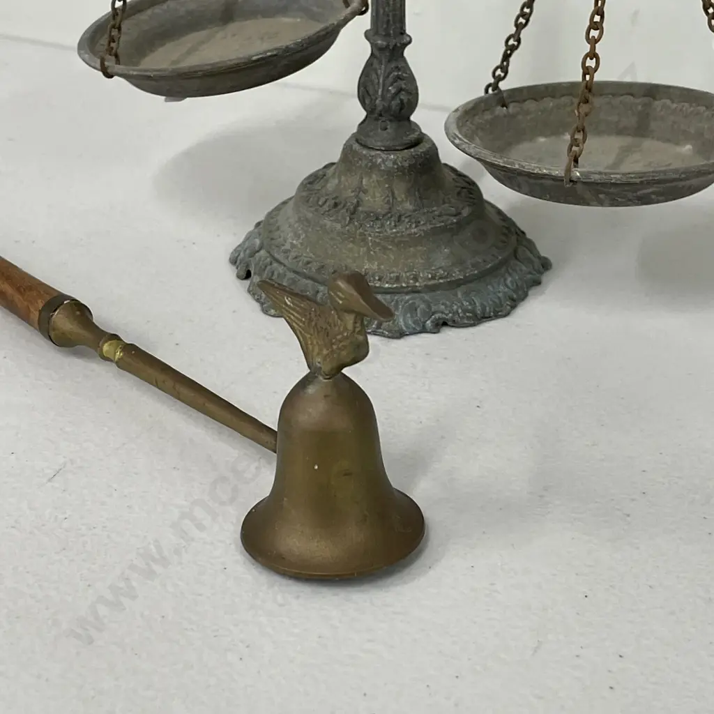 Vintage Metal Hanging Scales with VIntage Brass and Wood Bird Candle Snuffer Image 1++