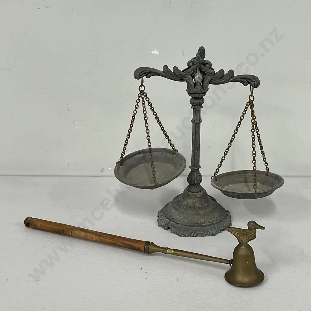 Vintage Metal Hanging Scales with VIntage Brass and Wood Bird Candle Snuffer Image 1++