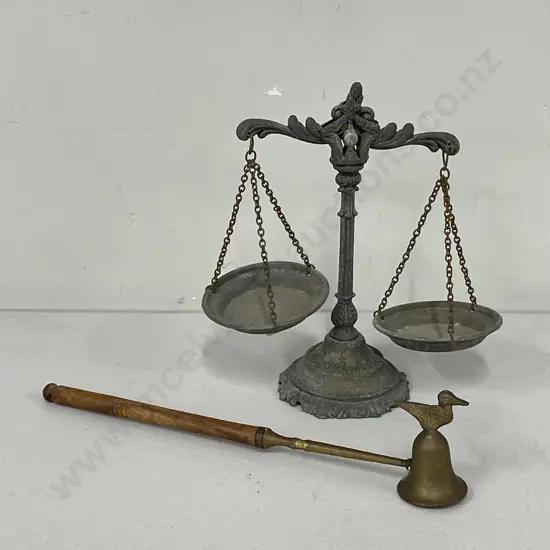 Vintage Metal Hanging Scales with VIntage Brass and Wood Bird Candle Snuffer