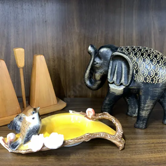 Assortment Of Vintage Items Including Elephant, Finch Dish And Wooden Salt & Pepper Shakers