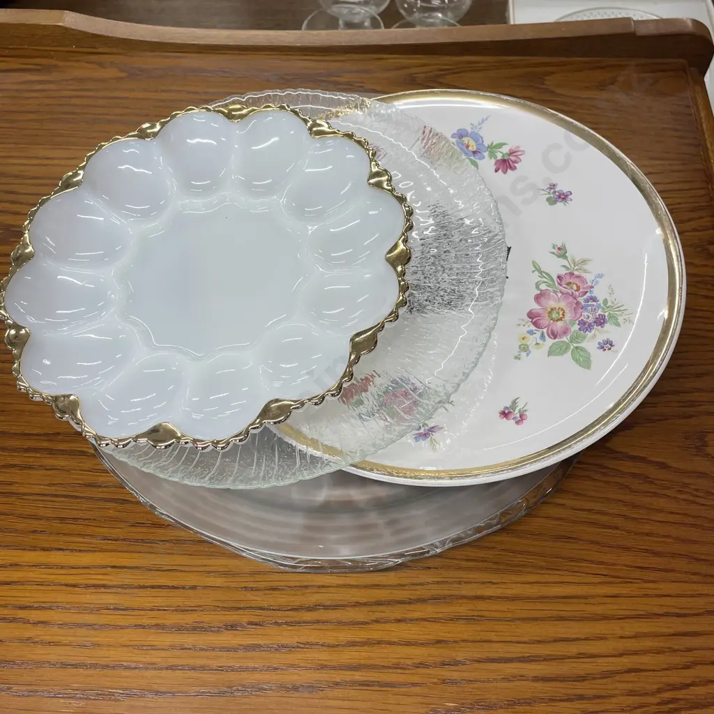 Assortment of round glass and china Platters with milk glass egg tray Image 1++