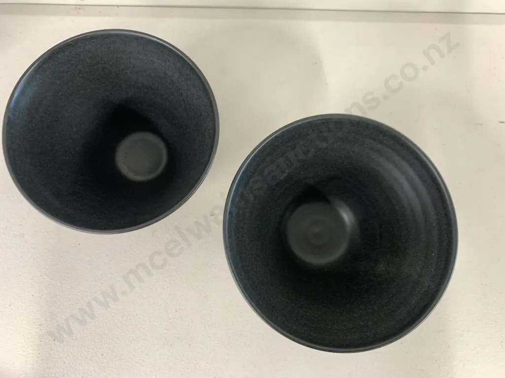 Pottery Bowls x 2 Signed PS Black With Wave Stone Relief Detail, 12 x 18 & 11 x 20cm Image 1++