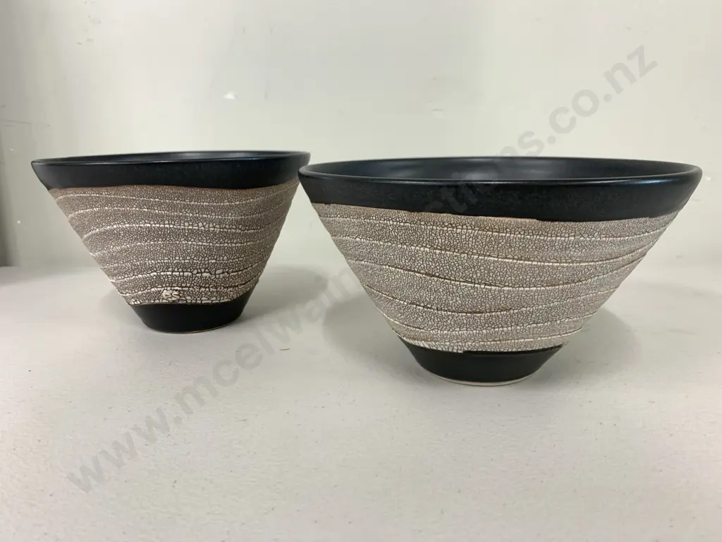 Pottery Bowls x 2 Signed PS Black With Wave Stone Relief Detail, 12 x 18 & 11 x 20cm Image 1++
