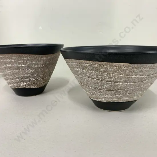 Pottery Bowls x 2 Signed PS Black With Wave Stone Relief Detail, 12 x 18 & 11 x 20cm